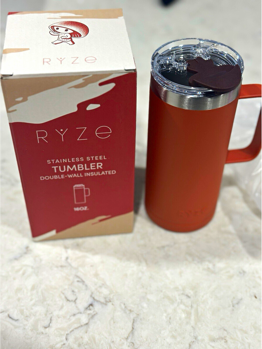 New RYZE Stainless Steel Insulated 16 oz Tumbler w/ Slide Lock Lid &Handle Brown